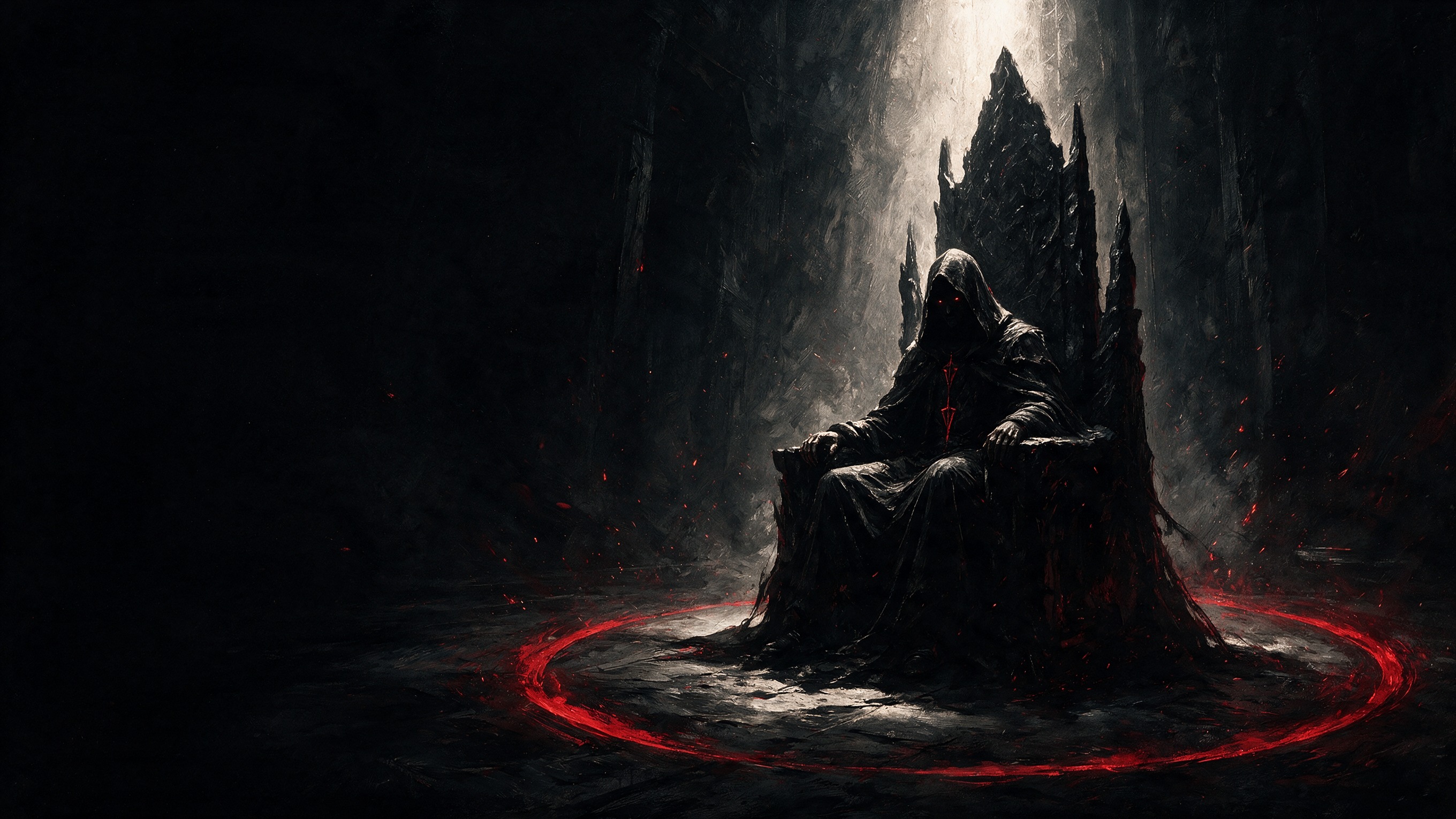 a hooded villain seated on a jagged black throne, a red arc inscribed on the floor around him